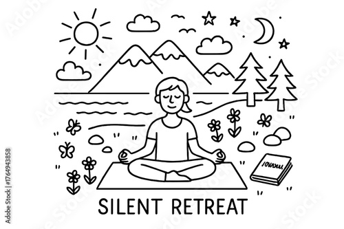 Serene Meditation Doodle. Silent Retreat. Hand-drawn doodle illustration Silent Retreat person meditating, mountains, lake, trees, clouds, sun, moon, birds,