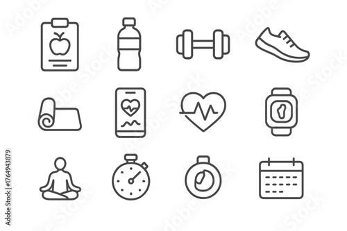 Fitness Icons Set. Nutrition and fitness. Line icon set of nutrition and fitness: nutrition tracker, water bottle, dumbbell, running shoe, yoga mat,