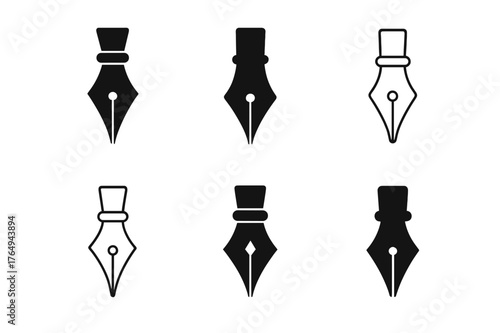 Creative Calligraphy Logos. Modern calligraphy. Set Logo of pointed nib: dip pen nib and holder. Icon set. harmonious logo variations of the same emblematic