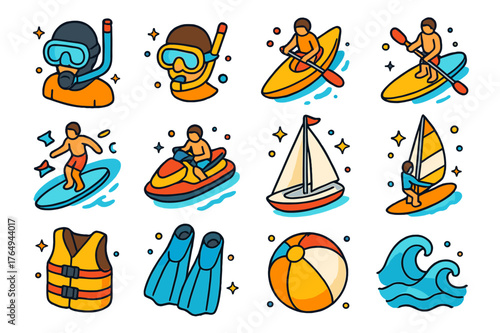 Water Adventure Icons. Water exploration. Colorful isometric vector icons set of water exploration: scuba diving, snorkeling, kayaking, paddleboarding,