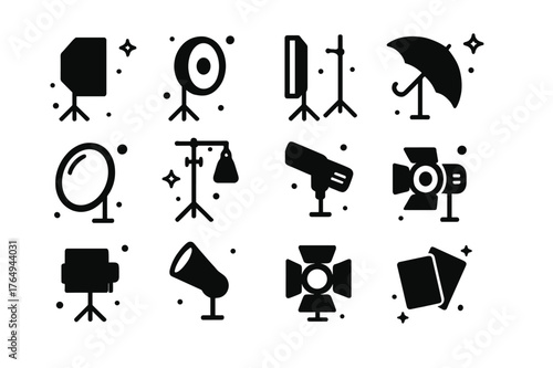 Fashion Lighting Icons. Studio Lighting for Fashion. Solid icons set of Studio Lighting for Fashion: softbox, beauty dish, strip light, umbrella, reflector,