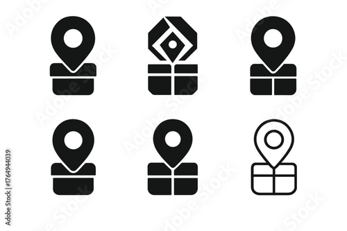 Creative Geocaching Logos. Geocaching. Set Logo of Geocaching: GPS pin on cache container. harmonious logo variations of the same emblematic concept, each with