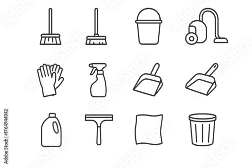 Janitorial Tools Icons. Janitorial tools. Line icon set of janitorial tools: broom, mop, bucket, vacuum cleaner, gloves, spray bottle, dustpan, scrub brush,