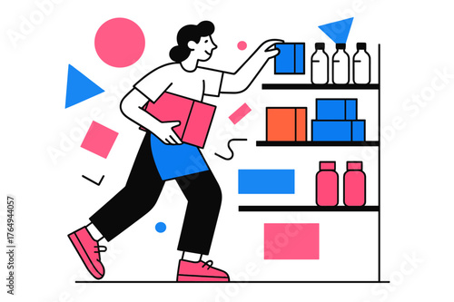 Efficient Inventory Management. Restocking Supplies. Person checking inventory and placing items on shelves with floating abstract geometric shapes, organized