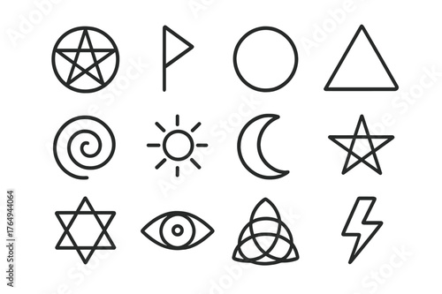 Occult Icon Set. Occult symbols. Line icon set of occult symbols: pentagram, rune, circle symbol, triangle symbol, spiral, sun symbol, moon symbol, star,