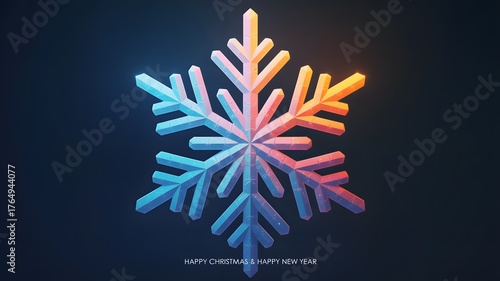 Vibrant multicolored snowflake with glowing icy crystalline structure against a dark background in a gradient of cool to warm colors