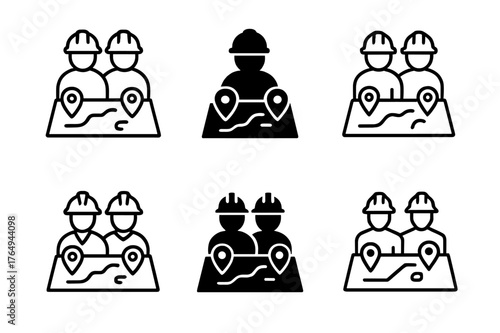 Construction Logo Variations. Construction managers overseeing projects. Set Logo of Construction managers overseeing projects: site plan with location pins.