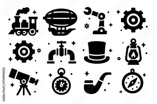 Fantasy Steamworld Icons. Fantasy Steamworld. Solid icons set of Fantasy Steamworld: steam engine, airship, mechanical arm, gear, cogwheel, valve, top hat,