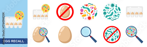 Egg Recall  Icon Set. egg recall, bacteria, contamination, germs, infection, hygiene, microbiology, virus, disease, pathogen.
