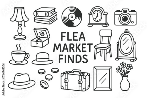 Flea Market Treasures. Flea market finds. Hand-drawn doodle illustration flea market finds vintage lamp, old books, vinyl record, antique clock, camera,