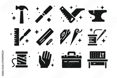Precision Work Icons. Precision Work. Solid icons set of Precision Work: hammer, chisel, saw, anvil, ruler, paintbrush, wood plank, sewing needle, thread