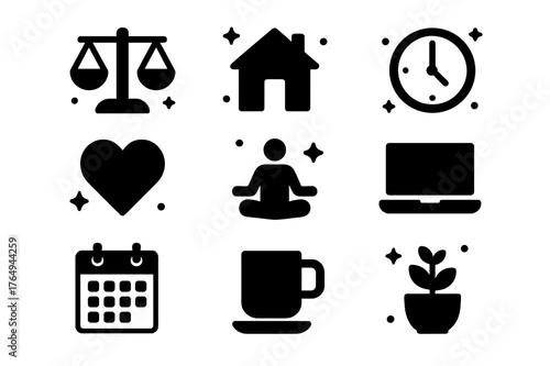 Balanced Life Icons. Work-Life Balance. Solid icons set of Work-Life Balance: scale, house, clock, heart, yoga pose, laptop, calendar, cup, plant, sun, moon,