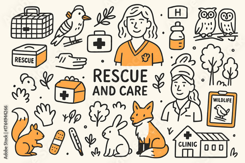 Wildlife Rescue Scene. Rescue and care. Hand-drawn doodle illustration veterinarian (colored), injured bird (colored), animal cage (colored), medical kit