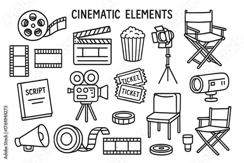 Cinema Icons Doodle. Cinematic Elements. Hand-drawn doodle illustration Cinematic Elements film reel, movie tape, clapperboard, director?s chair, camera,