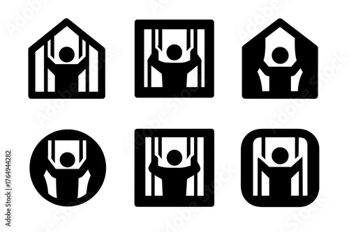 Home Privacy Logos. Closing the Curtains or Blinds. Set Logo of Home Privacy: Abstract geometric, Filled silhouette, Negative space, Flat solid, Symmetrical