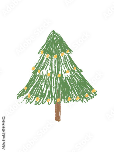 Child’s drawing of a Christmas tree made with pencil or chalk. Cute hand-drawn naive kids art style vector illustration. Perfect for holiday cards, posters, winter decorations