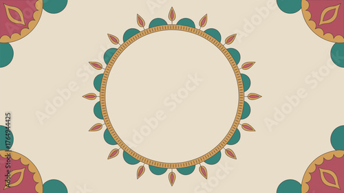 A circular frame with teal and red accents on a cream background with corner designs visible too 100