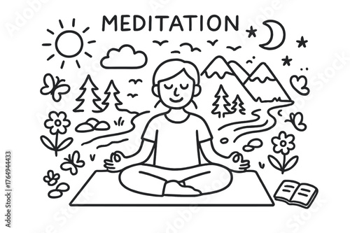 Meditative Nature Icons. Meditation. Hand-drawn doodle illustration Meditation person cross-legged, yoga mat, mountains, trees, clouds, sun, moon, birds,