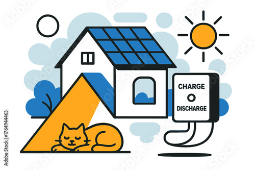 Cozy Solar Home. Home Battery & Solar Roof. A cozy house wears neat PV shingles; a wall battery glows with ?Charge ? Discharge.? A pet naps under a sunbeam