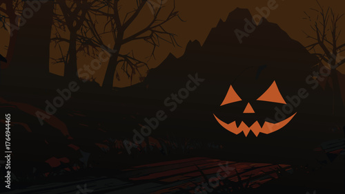 Spooky Halloween Pumpkin in Haunted Forest Night Scene