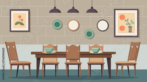A dining area with a rustic wooden table mismatched chairs and a collection of vintage plates displayed on the wall.