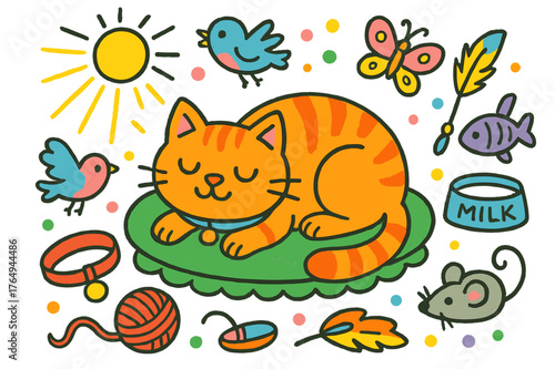 Playful Cat Doodle. cat nap. Colorful Hand-drawn doodle Children illustration cat nap cushion, cat, whiskers, paws, tail, ears, sunbeam, yarn ball, fish, milk