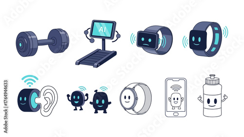 Digital Fitness: A collection of sleek, modern fitness gadgets and wearable technology. From smartwatches and virtual reality headsets to digital weights and workout machines.