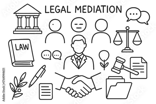 Legal Mediation Symbols. Legal mediation. Hand-drawn doodle illustration legal mediation courthouse icon, mediator, clients, law book, notepad, pen, speech