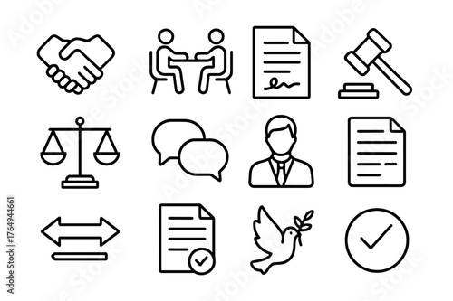 Dispute Resolution Icons. Dispute Resolution. Line icon set of Dispute Resolution: handshake, mediation table, agreement file, arbitration gavel, scale,