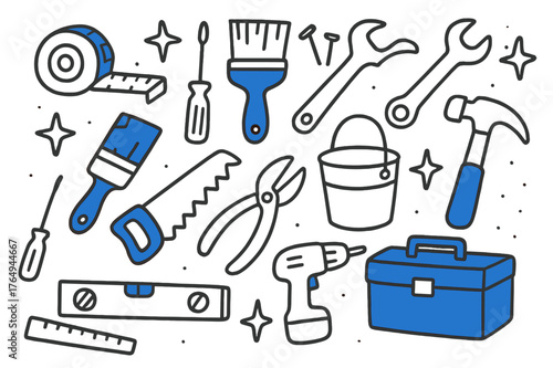 Colorful Tool Doodle. // Home improvement tools. Hand-drawn doodle illustration Home improvement tools [tape measure (accented), paintbrush (accented),