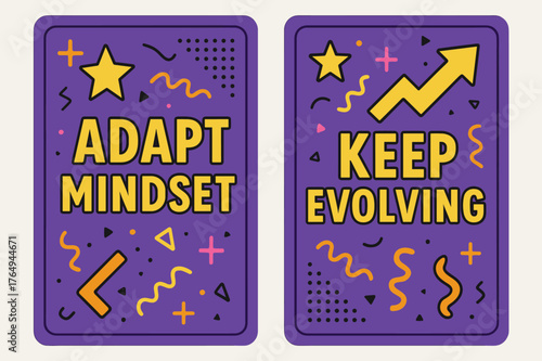 Adapt and Evolve Banners. Adapt mindset. Two vertical A6 banners with safe margins, centered composition, no elements touching edges, memphis, purple and