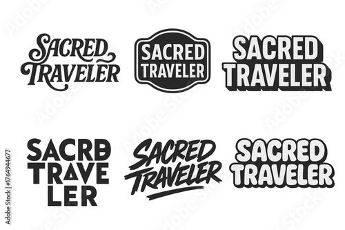 Sacred Traveler Lettering. Sacred Traveler. Set lettering. harmonious lettering variations of the same emblematic concept (Whimsical curly type with