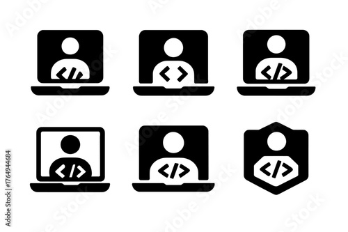 Coding Bootcamp Logos. Online Coding Bootcamps. Set Logo of Online Classroom: Filled silhouette, Abstract geometric, Negative space, Flat solid, Stylized