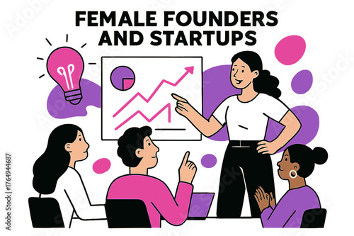 Innovative Presentation Scene. Female Founders and Startups. Startup founder giving a presentation to a team with floating abstract graphs and lightbulb icons,