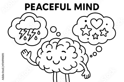 Calm Brain Coloring. Peaceful mind transformation children?s coloring book illustration, outlined drawing, a cartoon brain turning storm clouds into hearts and