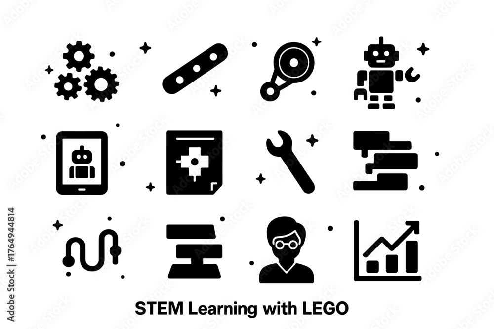 Fototapeta premium STEM LEGO Icon Set. STEM Learning with LEGO. Solid icons set of STEM Learning with LEGO: gears, axles, pulley, robot, tablet, instruction sheet, wrench, code