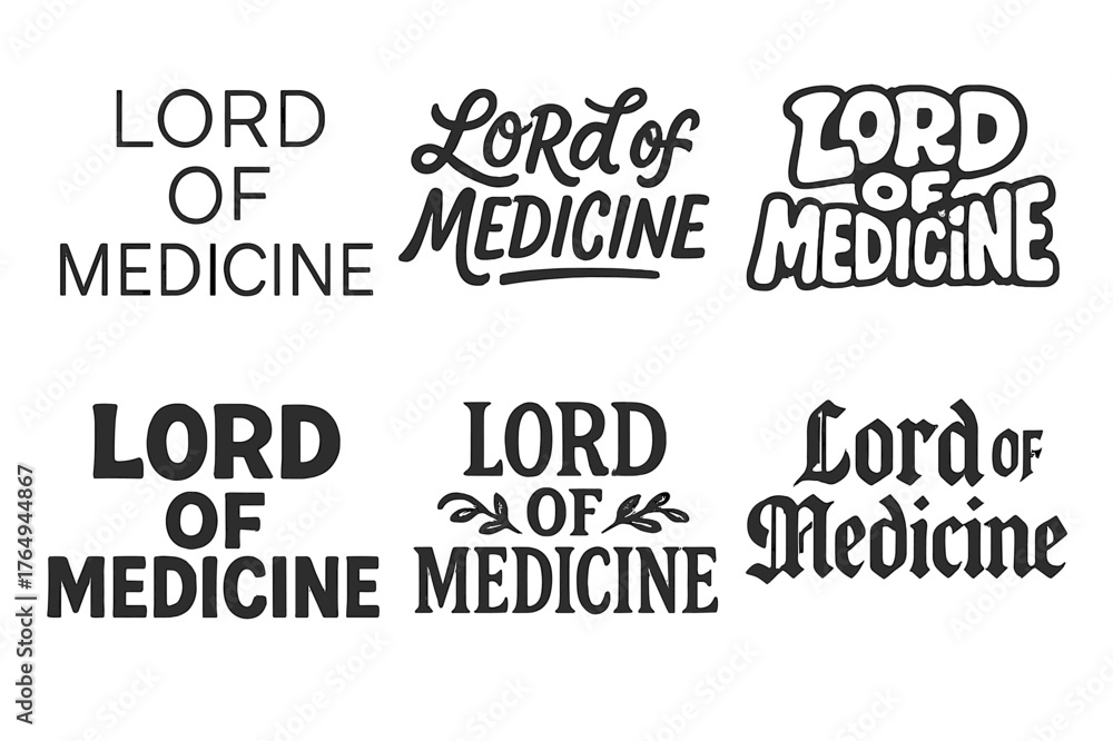 Obraz premium Medicine Lettering Variations. Lord of Medicine. Set lettering. harmonious lettering variations of the same emblematic concept (Modern minimal monoline