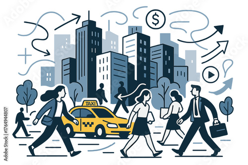 Dynamic Urban Flow. Downtown business area. Street-level scene with taxis, pedestrians, and high-rise buildings; abstract floating lines and arrows convey