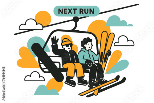 Chairlift to Summit. Chairlift to the Summit. Boots dangle, boards and skis clink; clouds drift by like paper cutouts. A calm ?Next Run? label hovers above the