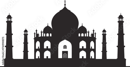 Silhouette of the taj mahal monument against a white background