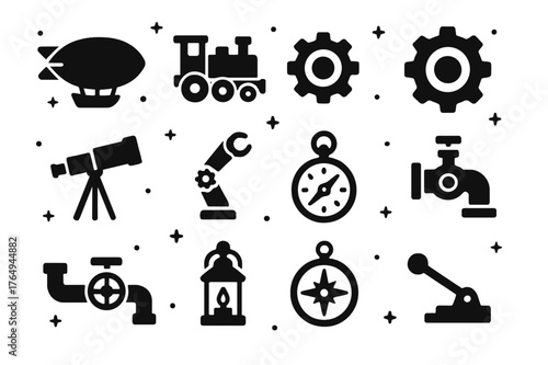 Victorian Icon Set. Victorian Inventions. Solid icons set of Victorian Inventions: airship, steam engine, gear, cogwheel, telescope, mechanical arm, pocket