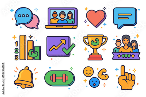 Online Fitness Icons. Online fitness community. Colorful isometric vector icons set of Online fitness community: chat bubbles, video conference group, like