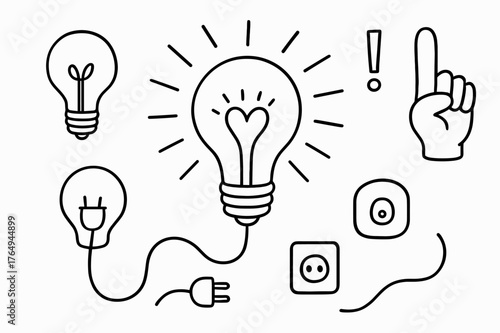Doodle Light Bulb. Light bulb. Hand-drawn doodle illustration light bulb glowing bulb, filament, idea symbol, spark lines, plug, switch, socket, wire, hand