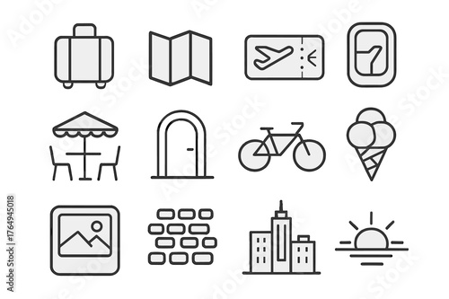 Travel Icon Set. Travel Snippets. Line icon set of Travel Snippets: suitcase, map, ticket, window seat wing, street cafe, doorway, bicycle, gelato cone,