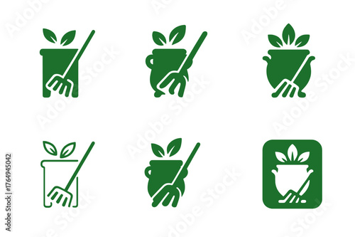 Compost Bin Logo Variations. Raking leaves. Set Logo of compost bin with leaves: harmonious logo variations of the same emblematic concept, each with different