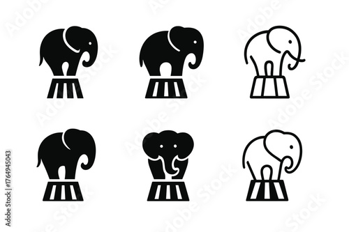 Elephant Logo Variations. Elephant Performance. Set Logo of Elephant Performance: elephant on pedestal. harmonious logo variations of the same emblematic