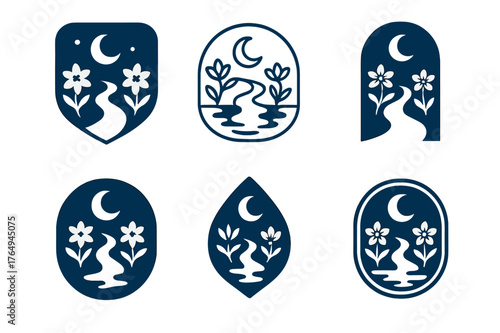 Moonlit Blooms Logo Grid. Stream with blooming flowers. Set Logo of Stream with blooming flowers: Moonlit stream with night-blooming flowers and subtle