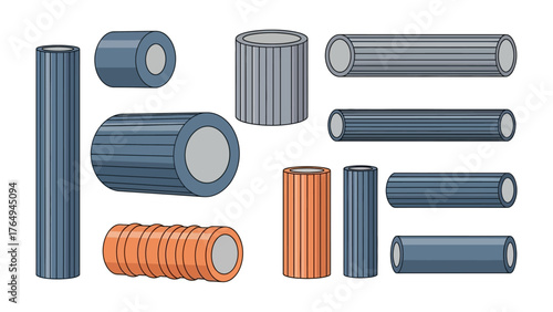 Metallic Cylinders Assortment: A detailed illustration showcasing an array of industrial metallic cylinders, with various lengths and designs, highlighting textures, materials, and shapes.
