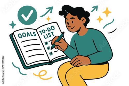 Goal-Setting Planner Scene. A person setting goals and writing a to-do list in a planner for self-improvement. Individual jotting down daily tasks and goals
