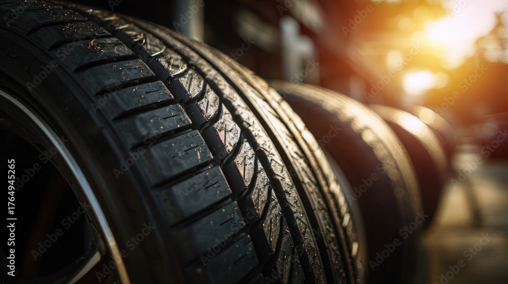Fototapeta premium Close-up of New Black Car Tires with Sunlit Tread Patterns